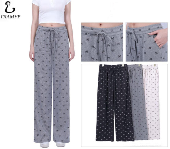 Брюки пижамные женские «Гламур» №8223 (S-3XL) широкие, бантик